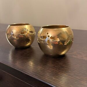 Pair Vintage Brass TeaLight Holders Christmas Holly Berries Cutouts